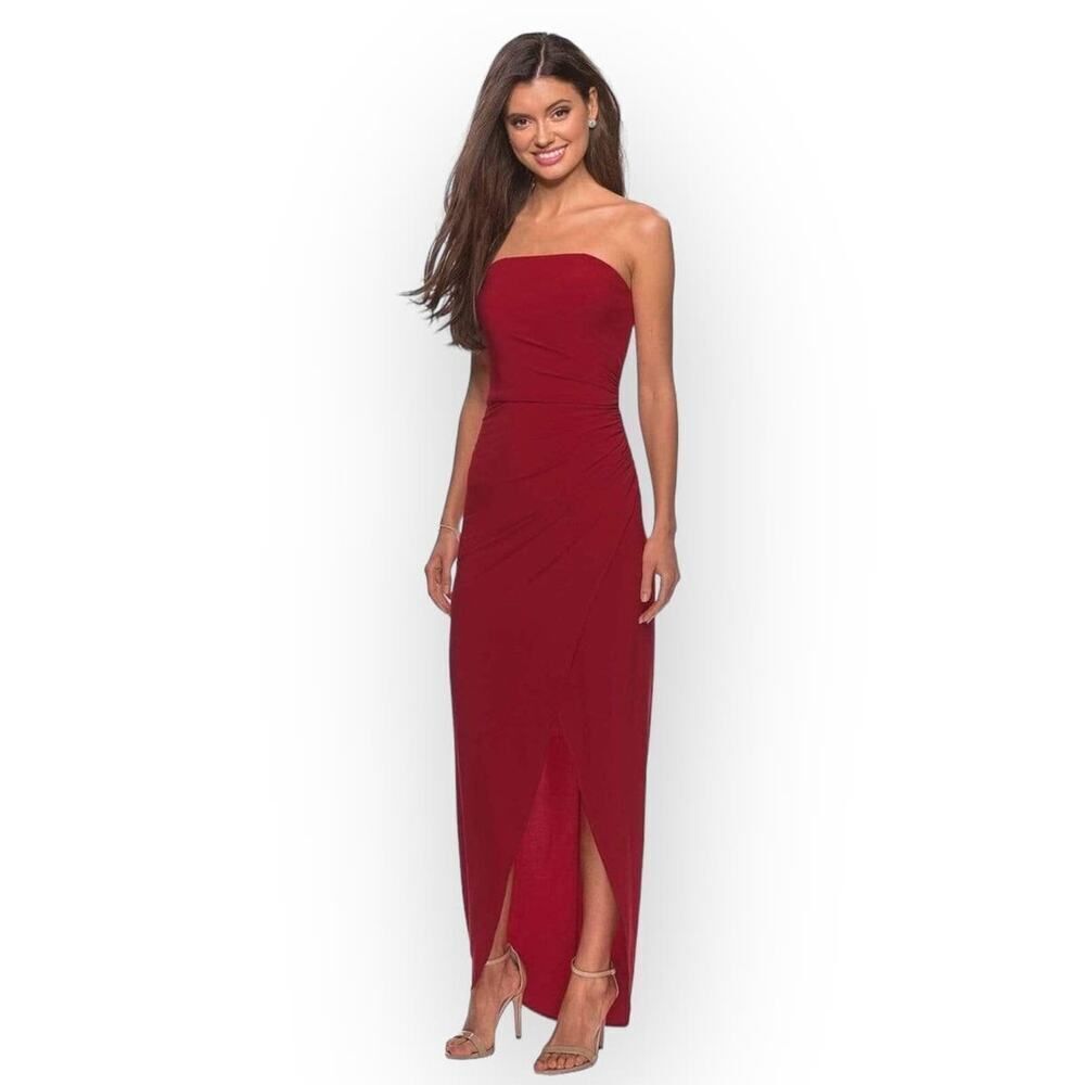 La Femme 28204 Strapless Jersey Sheath Dress Women's 10 Red Maxi Slit NWOT